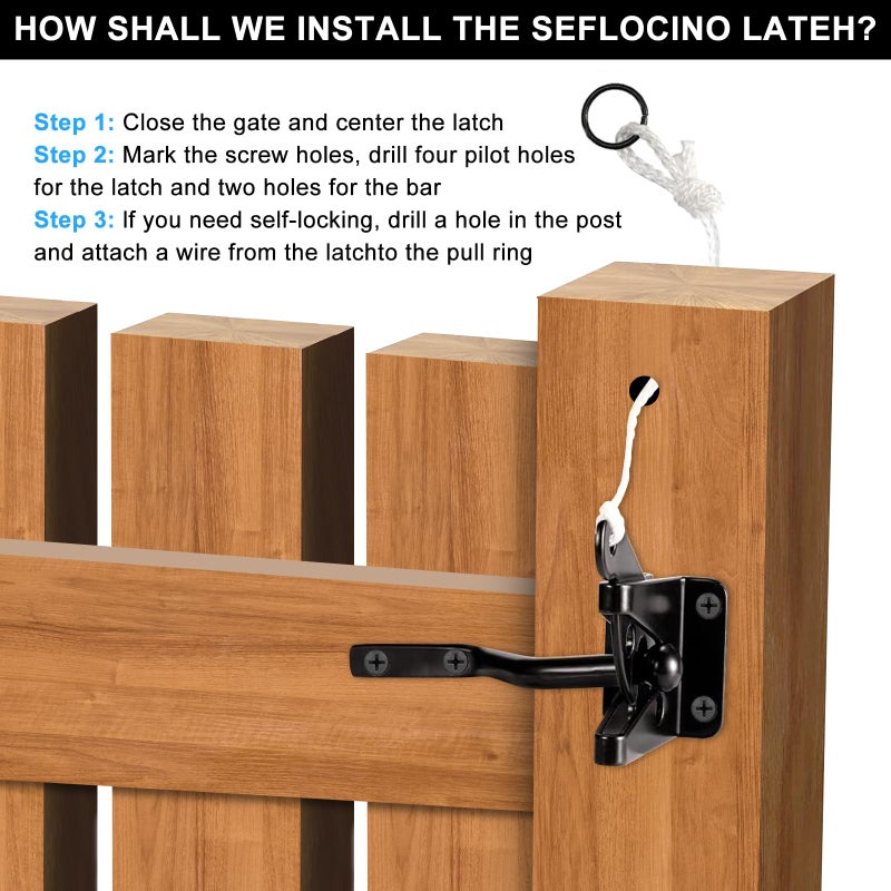 Securitoday Gate Hardware Kit for Wood Fence  Corner Brace Bracket  Anti Sag Frame Hardware With Latch and Hinges for Wooden Fence Driveway  Black  MKZJ1115 - Image 5